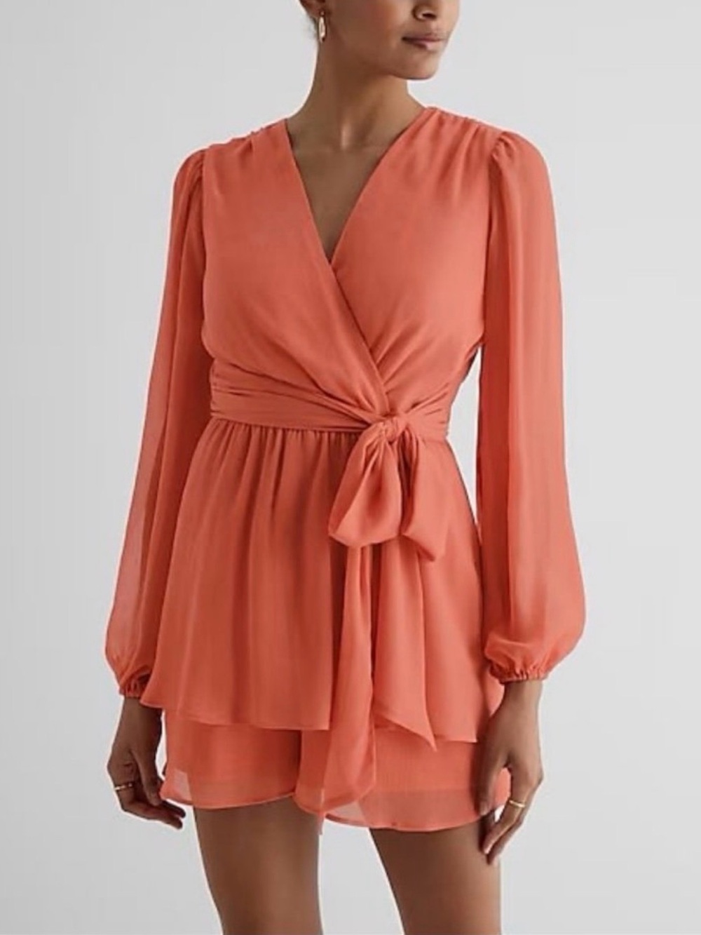 Express Apricot Wrap-Front Long Sleeve Mini Dress Romper